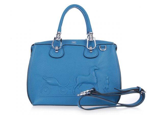 Hermes 2013 Horse Draw Carriage Embossed Lichee Pattern Blue Sil